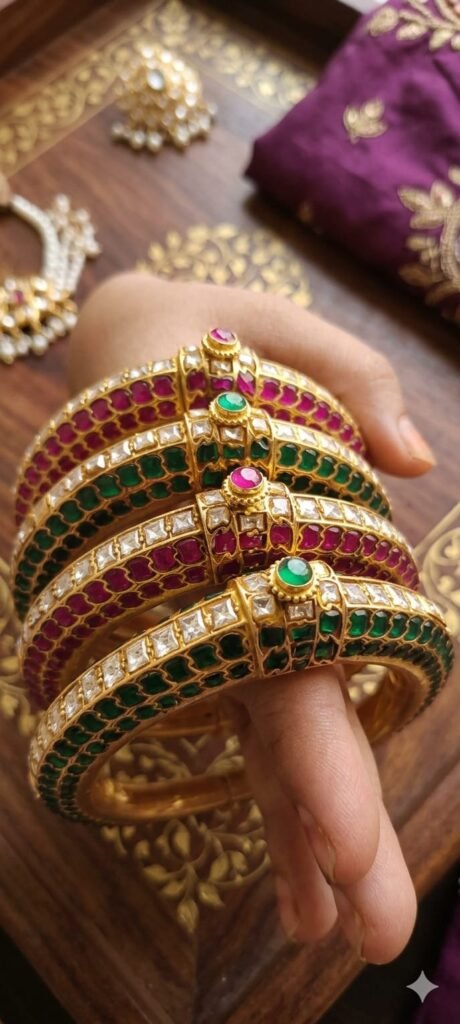4 Bridal Bangle Set with Ruby, Emerald & Moissanite