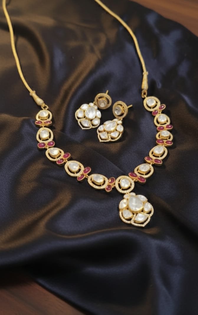 Elegant Open Polki Necklace with Ruby Color Stones