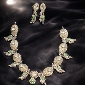Peacock Necklace With Earrings Color Stones & Polki
