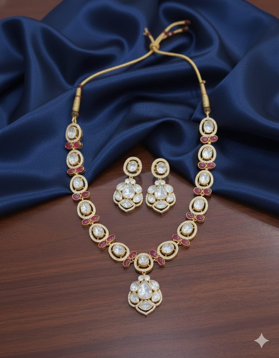 Elegant Open Polki Necklace with Ruby Color Stones - Image 2
