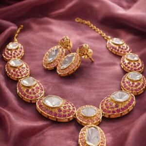 Contemporary Fusion Polki Necklace With Pink Cubic Zircon