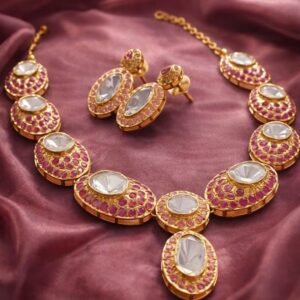 Contemporary Fusion Polki Necklace With Pink Cubic Zircon