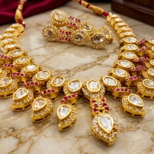 Choker-style necklace with matching drop earrings