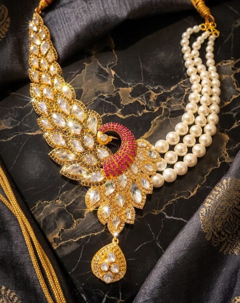 Asymmetrical Indian traditional Uncut Polki necklace