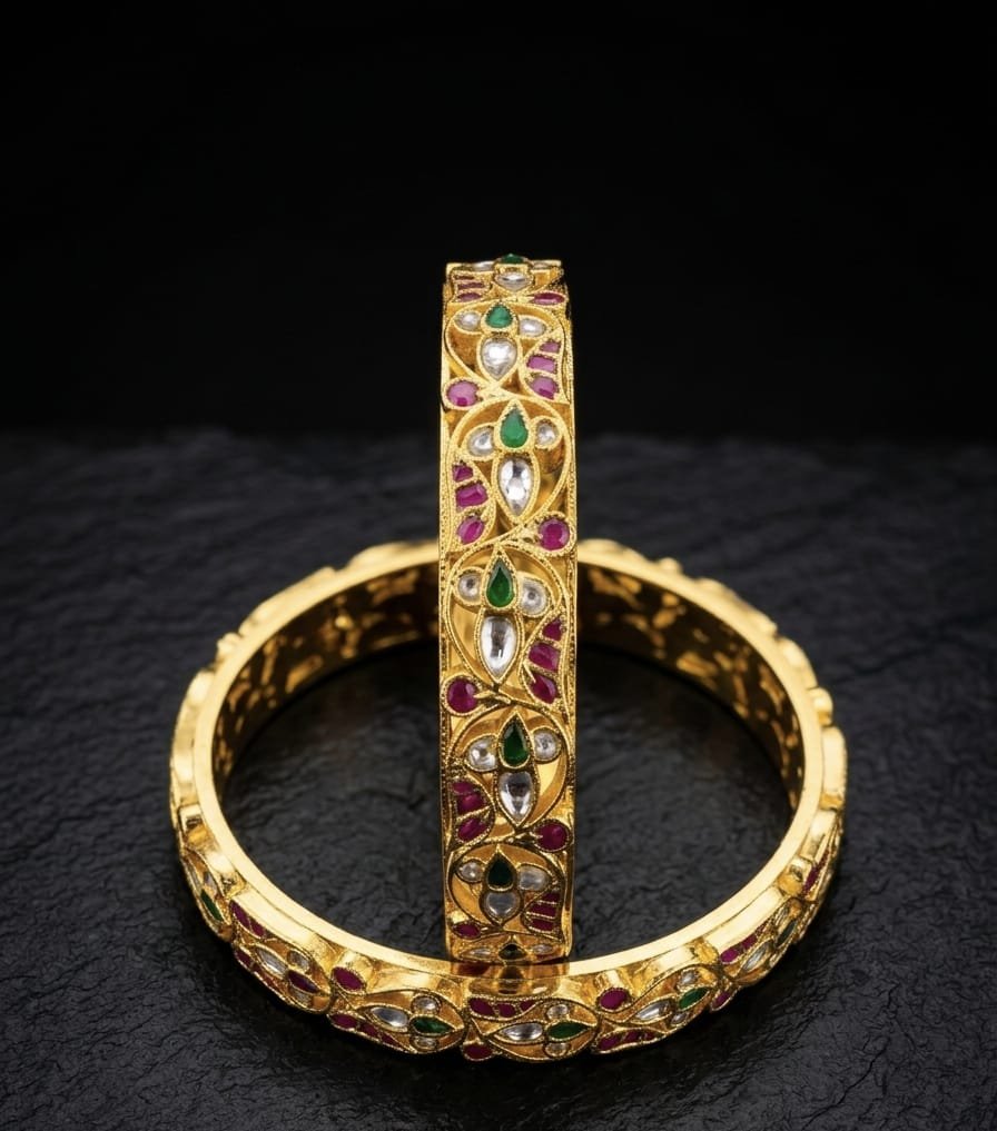 Traditional Gold-Plated Emerald & Ruby Studded Bangles (Pair) - Image 5