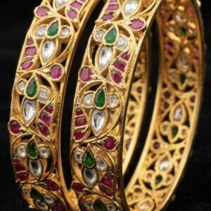 Traditional Gold-Plated Emerald & Ruby Studded Bangles (Pair)