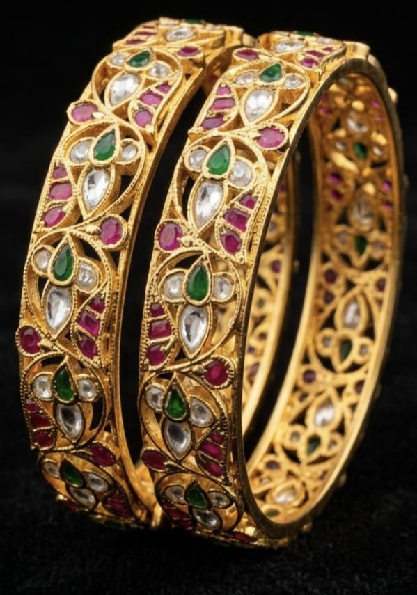 Traditional Gold-Plated Emerald & Ruby Studded Bangles (Pair)