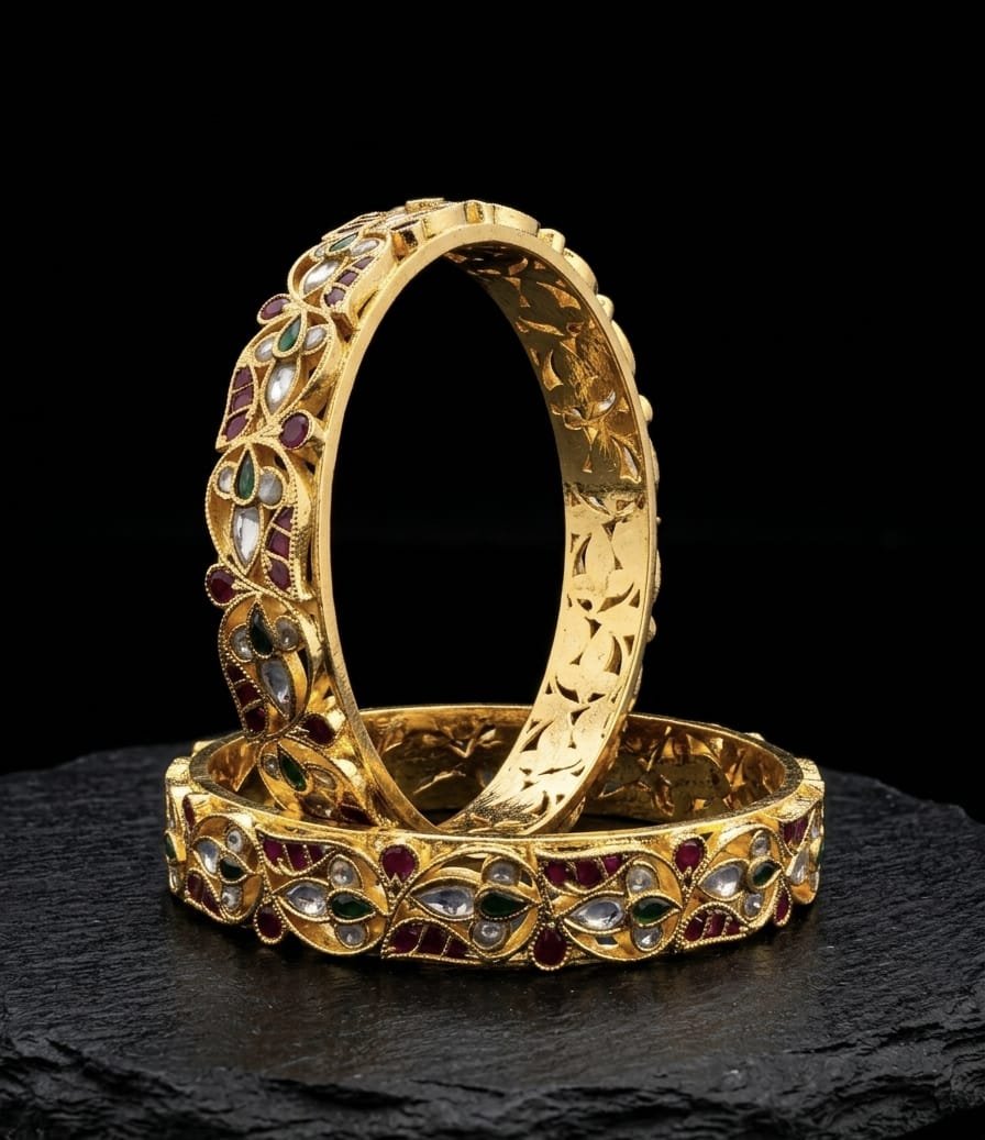 Traditional Gold-Plated Emerald & Ruby Studded Bangles (Pair) - Image 4