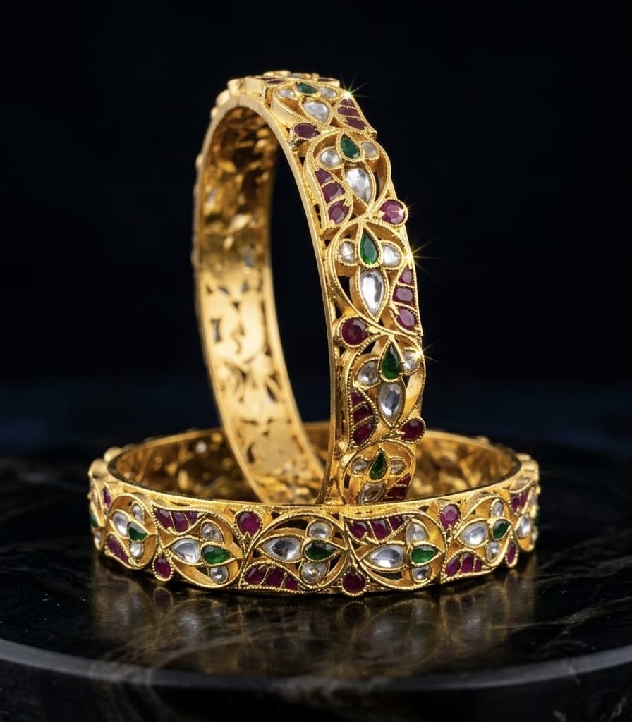 Traditional Gold-Plated Emerald & Ruby Studded Bangles (Pair) - Image 3