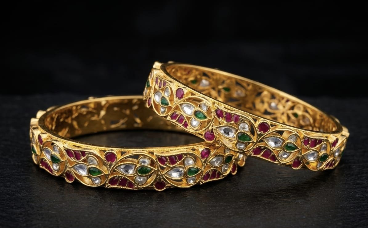 Traditional Gold-Plated Emerald & Ruby Studded Bangles (Pair) - Image 2
